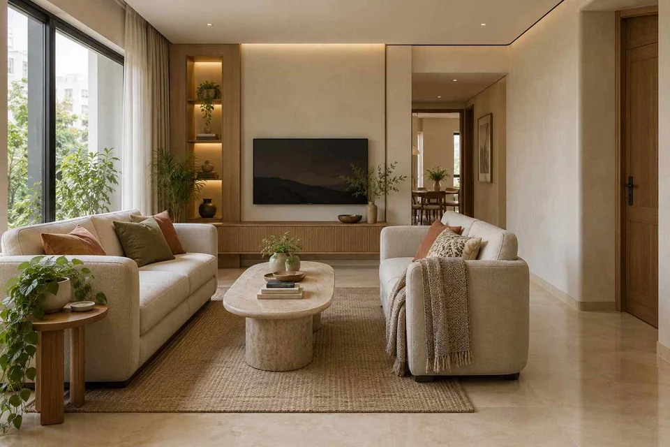 AI-generated living room design concept: facing loveseats, quiet contemporary direction