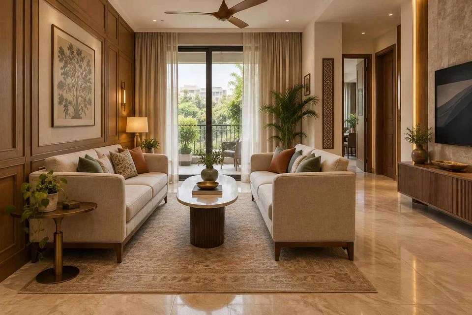 AI-generated living room design concept: facing loveseats, quiet transitional direction