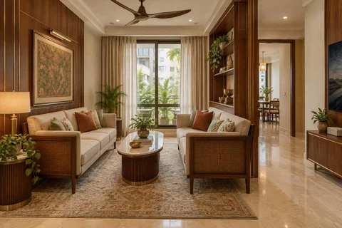 AI-generated living room design concept: facing loveseats, rosewood brass direction