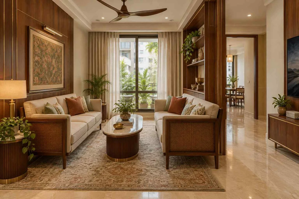 AI-generated living room design concept: facing loveseats, rosewood brass direction