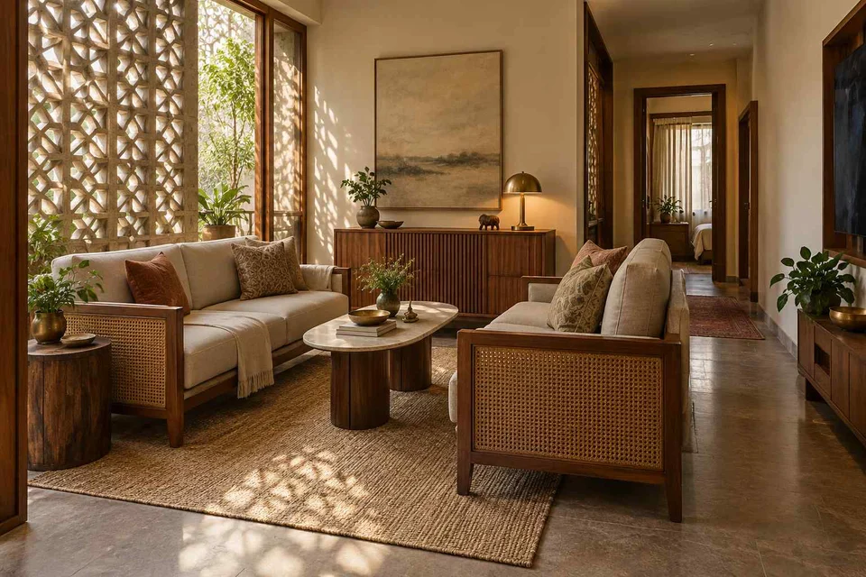 AI-generated living room design concept: facing loveseats, sandstone lattice direction