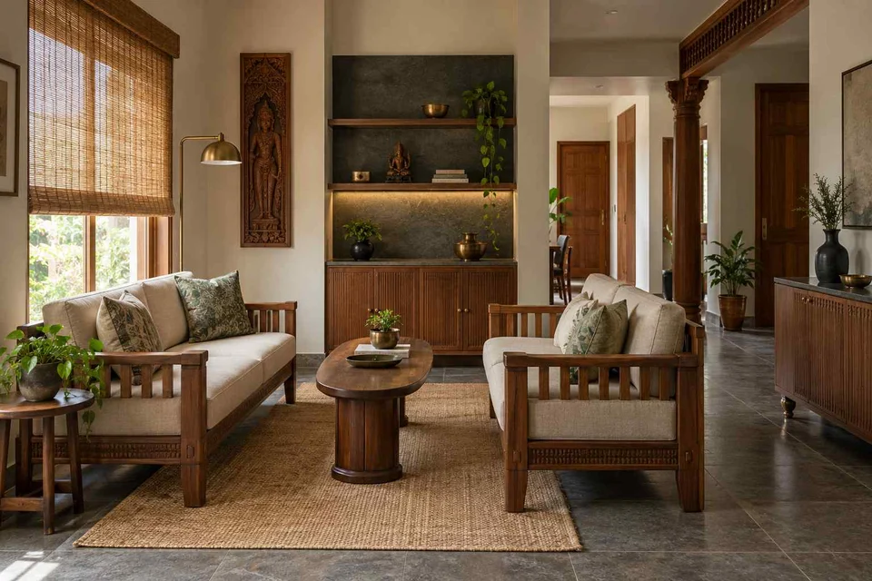 AI-generated living room design concept: facing loveseats, teak craft direction