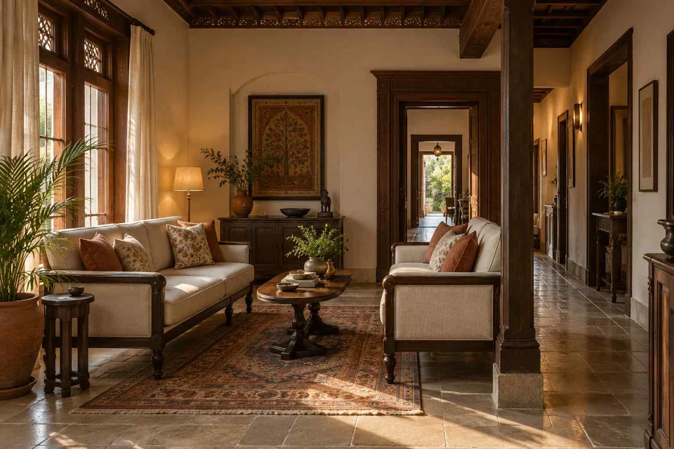 AI-generated living room design concept: facing loveseats, terracotta heritage direction