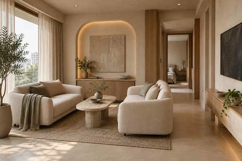 AI-generated living room design concept: facing loveseats, textured mineral direction