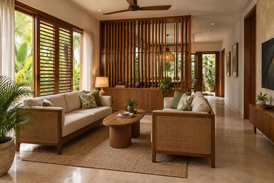 AI-generated living room design concept: facing loveseats, tropical slatted direction