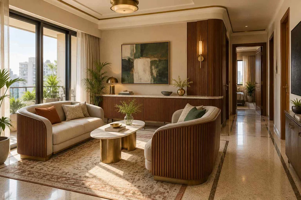 AI-generated living room design concept: facing loveseats, urban deco direction