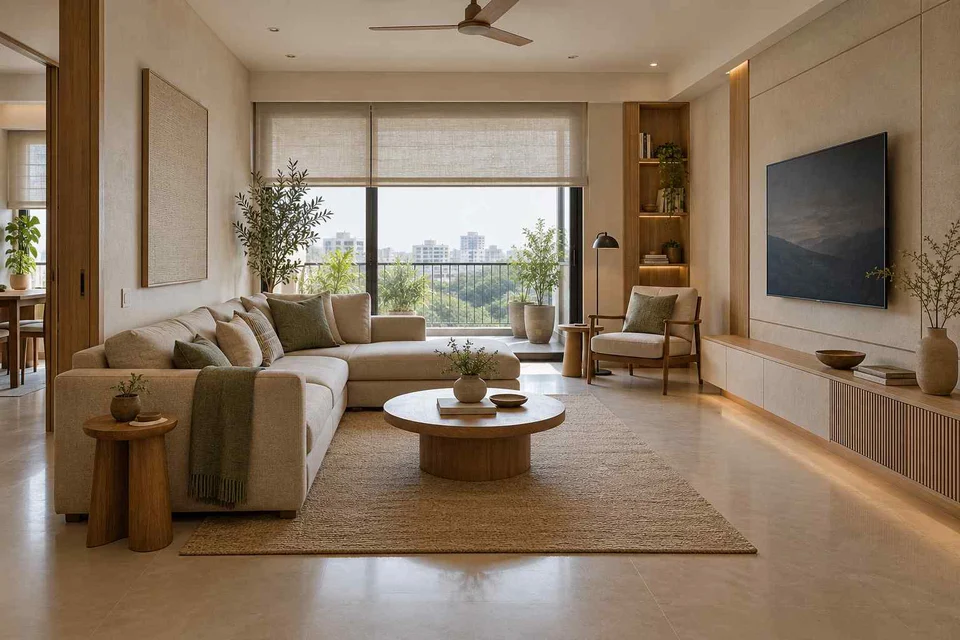 AI-generated living room design concept: family media lounge, ash and linen direction