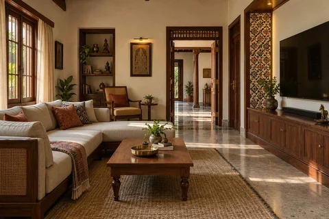AI-generated living room design concept: family media lounge, chettinad tile direction