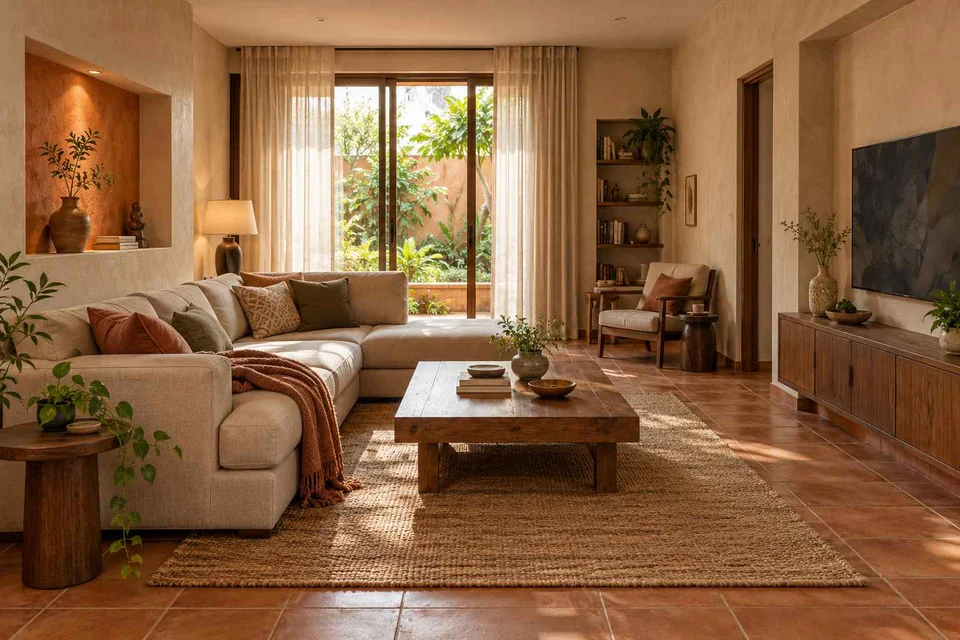 AI-generated living room design concept: family media lounge, clay artisan direction