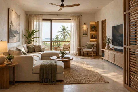 AI-generated living room design concept: family media lounge, coastal woven direction