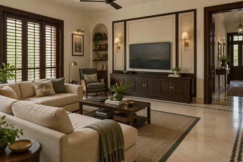 AI-generated living room design concept: family media lounge, colonial quiet direction