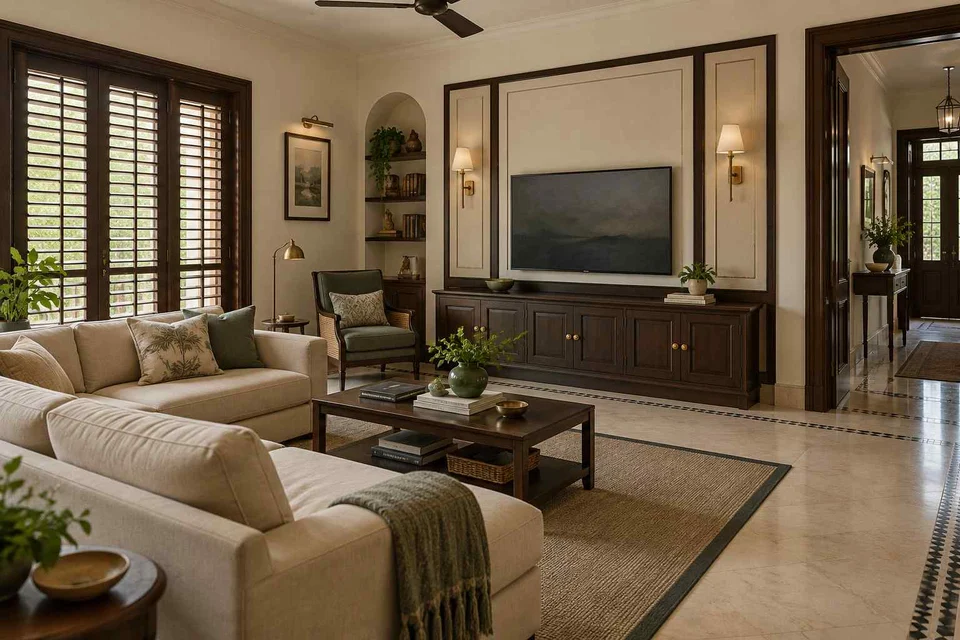 AI-generated living room design concept: family media lounge, colonial quiet direction