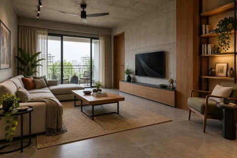 AI-generated living room design concept: family media lounge, concrete and oak direction