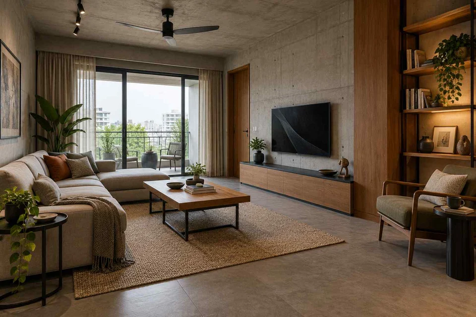 AI-generated living room design concept: family media lounge, concrete and oak direction
