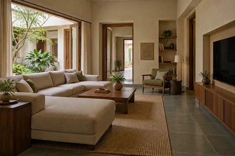 AI-generated living room design concept: family media lounge, courtyard modern direction