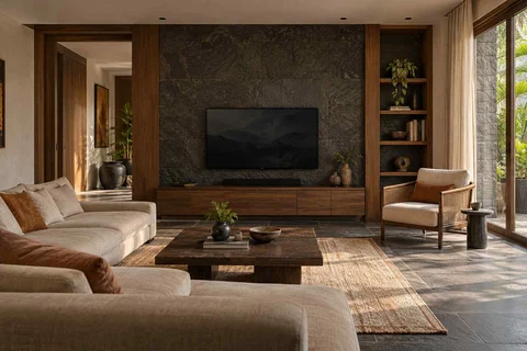 AI-generated living room design concept: family media lounge, deccan stone direction