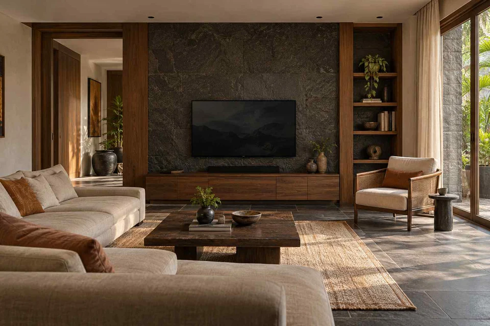 AI-generated living room design concept: family media lounge, deccan stone direction