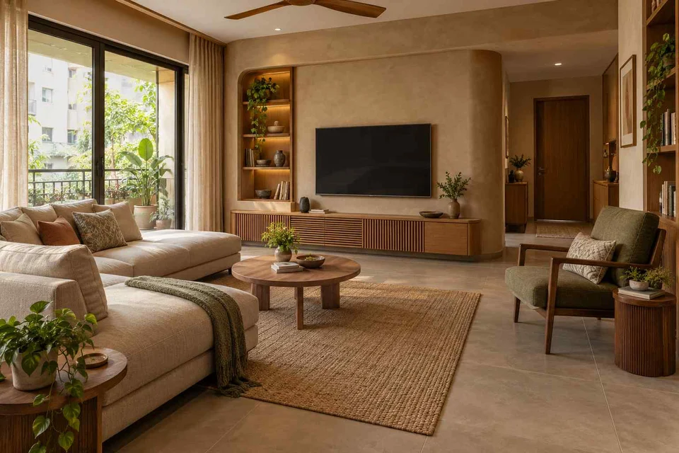 AI-generated living room design concept: family media lounge, earth and bamboo direction