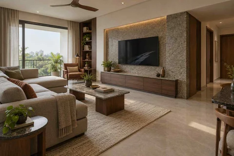 AI-generated living room design concept: family media lounge, granite precision direction