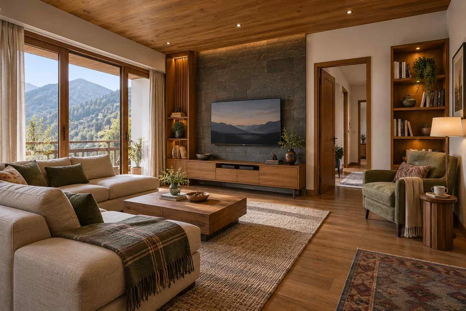AI-generated living room design concept: family media lounge, hill timber direction