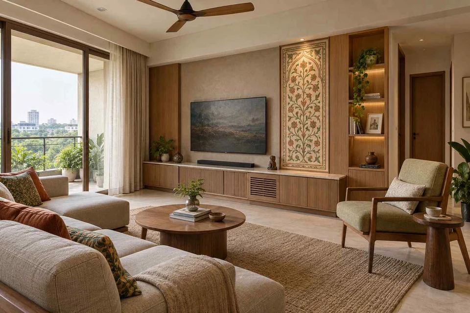 AI-generated living room design concept: family media lounge, inlay atelier direction