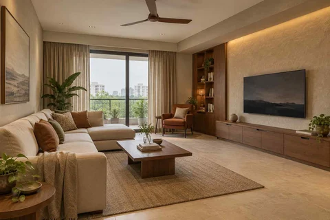 AI-generated living room design concept: family media lounge, lime and walnut direction