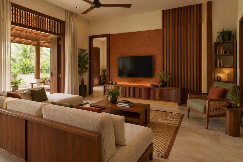 AI-generated living room design concept: family media lounge, malabar timber direction