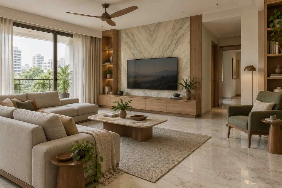 AI-generated living room design concept: family media lounge, marble restraint direction