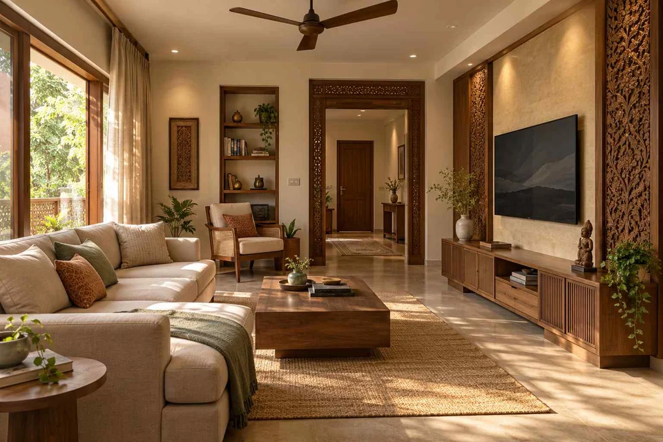 AI-generated living room design concept: family media lounge, modern carved direction