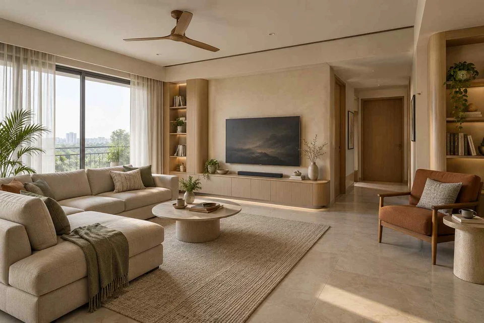AI-generated living room design concept: family media lounge, quiet contemporary direction