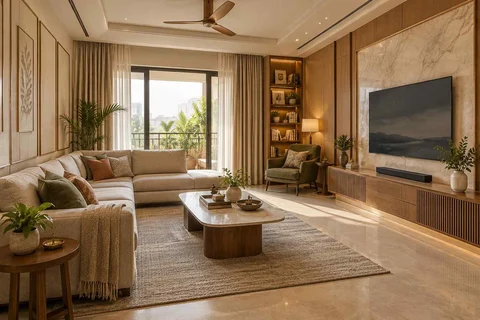 AI-generated living room design concept: family media lounge, quiet transitional direction