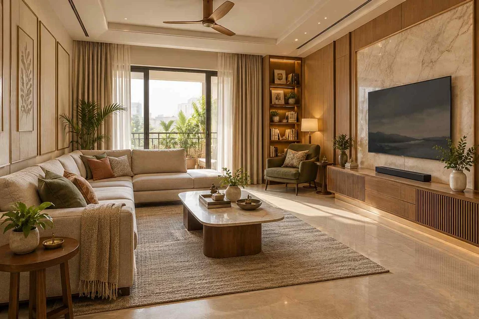 AI-generated living room design concept: family media lounge, quiet transitional direction