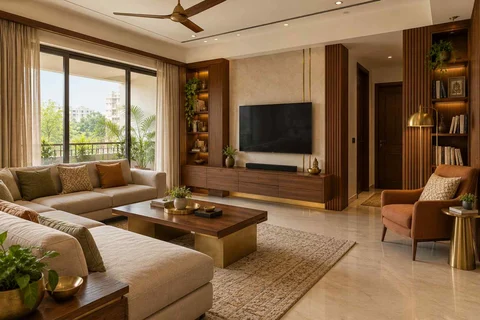 AI-generated living room design concept: family media lounge, rosewood brass direction