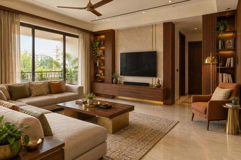 AI-generated living room design concept: family media lounge, rosewood brass direction