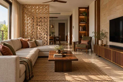 AI-generated living room design concept: family media lounge, sandstone lattice direction