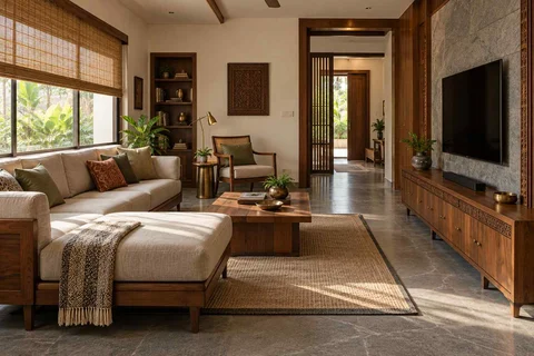 AI-generated living room design concept: family media lounge, teak craft direction