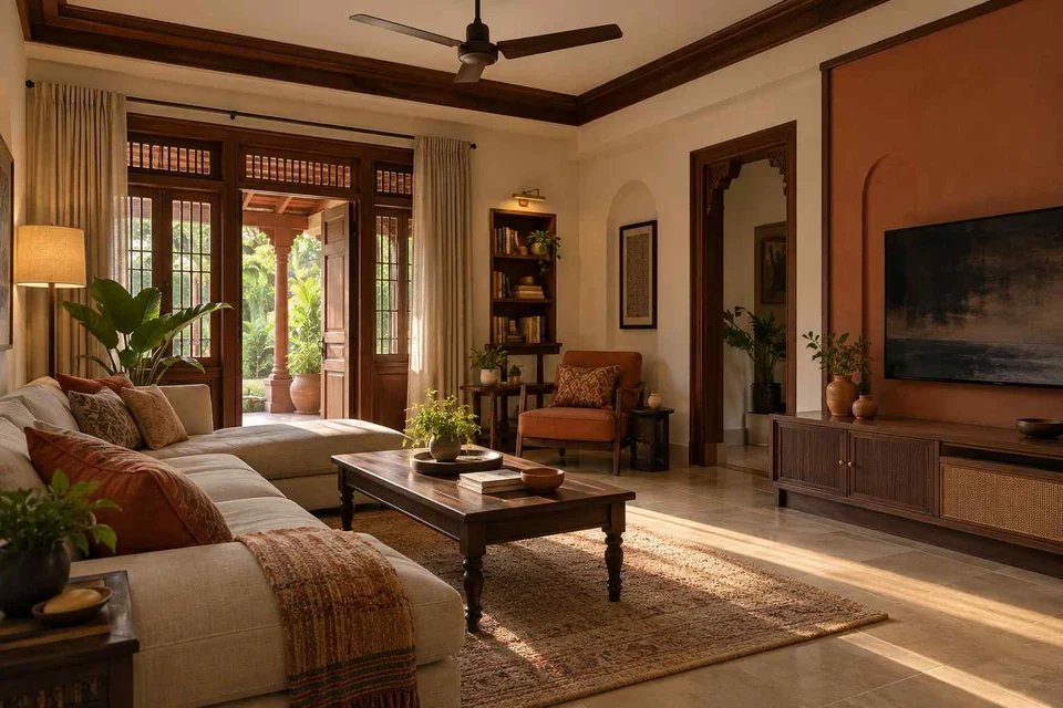 AI-generated living room design concept: family media lounge, terracotta heritage direction