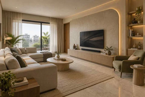 AI-generated living room design concept: family media lounge, textured mineral direction