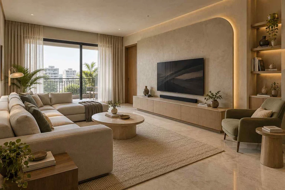 AI-generated living room design concept: family media lounge, textured mineral direction
