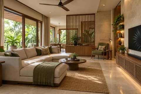 AI-generated living room design concept: family media lounge, tropical slatted direction