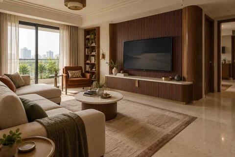 AI-generated living room design concept: family media lounge, urban deco direction