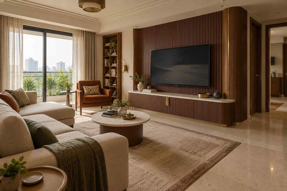 AI-generated living room design concept: family media lounge, urban deco direction