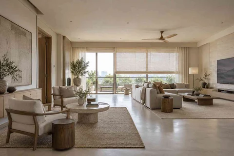 AI-generated living room design concept: formal and family zones, ash and linen direction