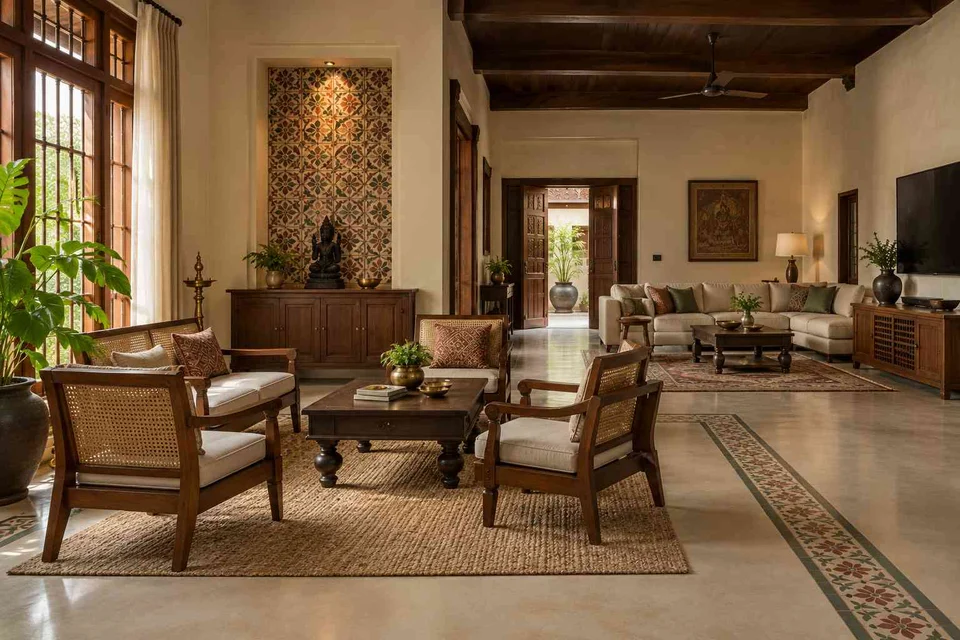 AI-generated living room design concept: formal and family zones, chettinad tile direction