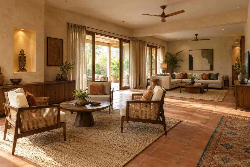 AI-generated living room design concept: formal and family zones, clay artisan direction
