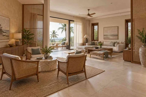 AI-generated living room design concept: formal and family zones, coastal woven direction