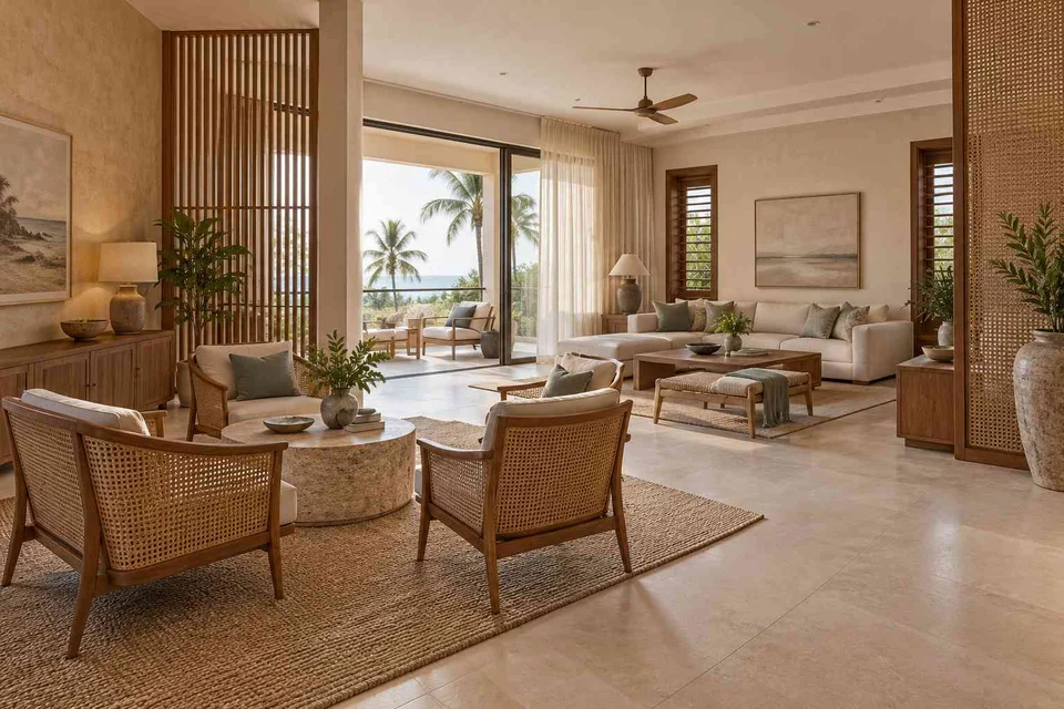 AI-generated living room design concept: formal and family zones, coastal woven direction