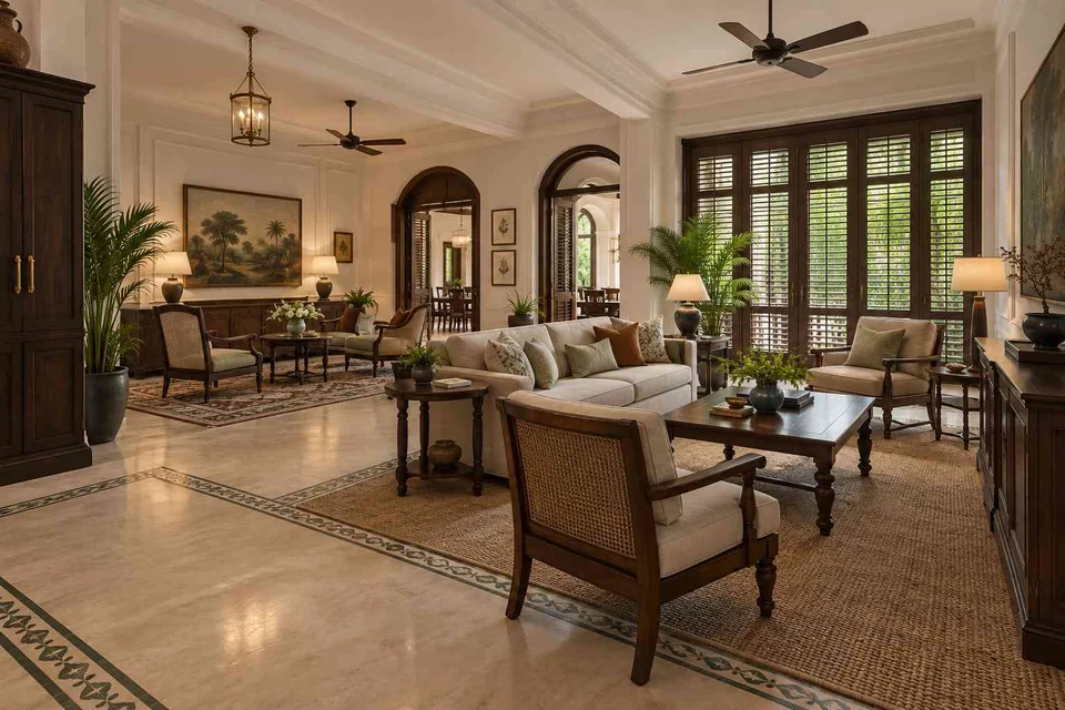 AI-generated living room design concept: formal and family zones, colonial quiet direction