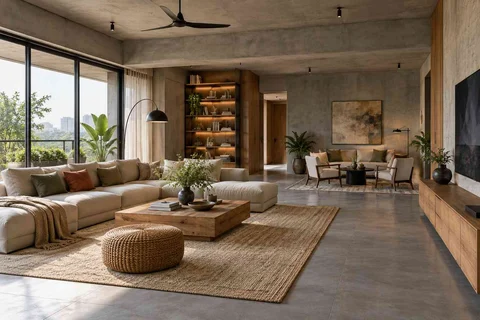 AI-generated living room design concept: formal and family zones, concrete and oak direction