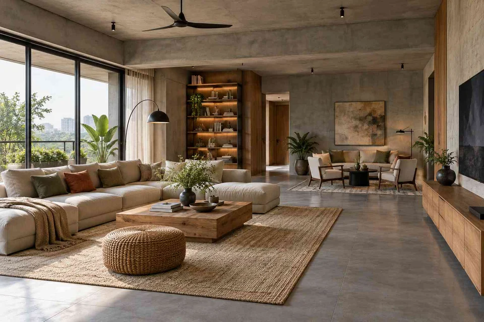 AI-generated living room design concept: formal and family zones, concrete and oak direction